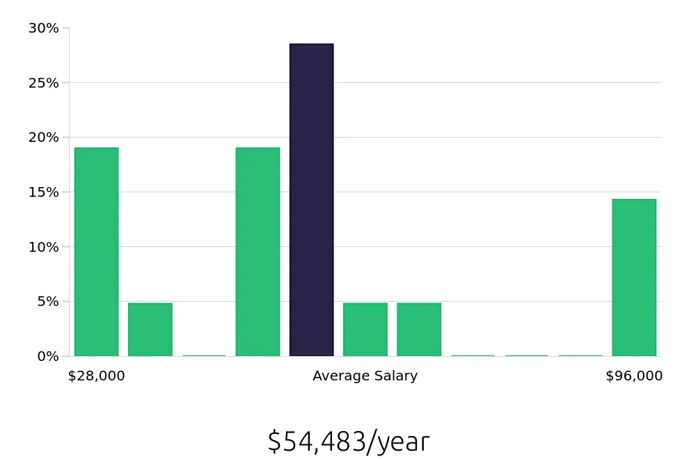 Graph depicting the yearly salary distribution for Sales Professional jobs in Hickory, NC, showing an average salary of $54,483 with varying distribution percentages across salary ranges.