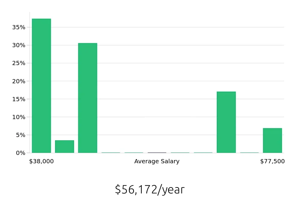 Graph depicting the yearly salary distribution for Sales Professional jobs in Jackson, MI, showing an average salary of $56,172 with varying distribution percentages across salary ranges.