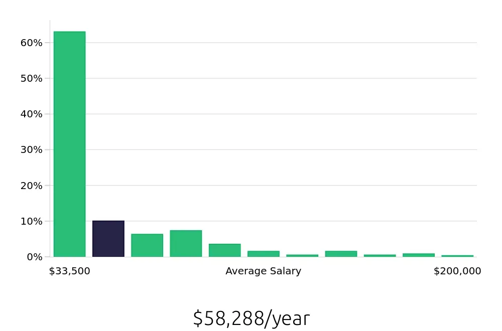 Graph depicting the yearly salary distribution for Sales Professional jobs in New York, NY, showing an average salary of $58,288 with varying distribution percentages across salary ranges.