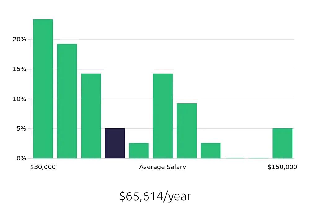 Graph depicting the yearly salary distribution for Sales Professional jobs in Omaha, NE, showing an average salary of $65,614 with varying distribution percentages across salary ranges.