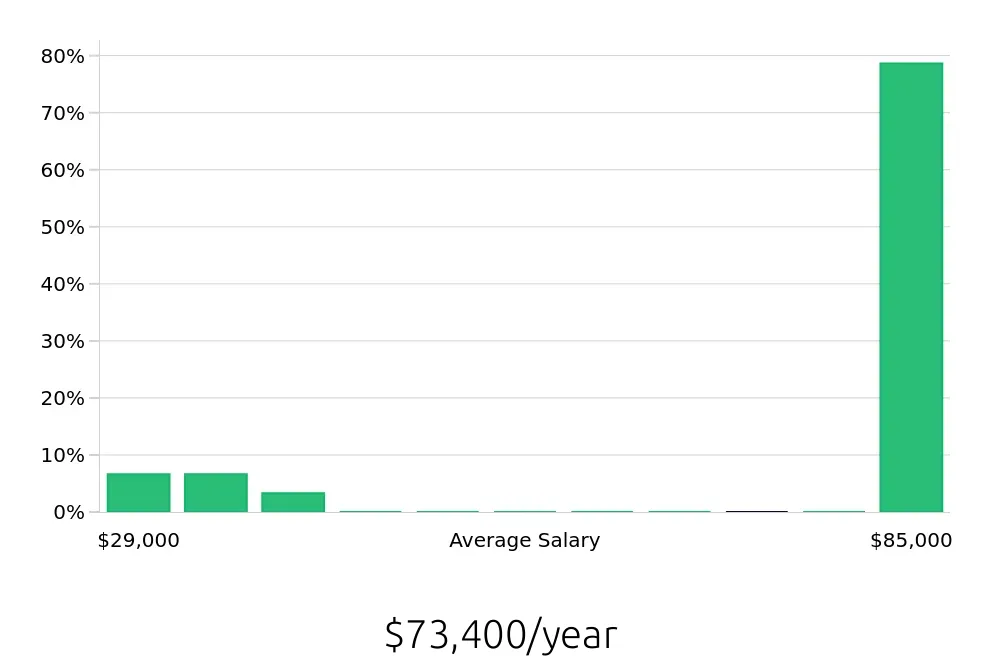 Graph depicting the yearly salary distribution for Sales Professional jobs in Wellington, FL, showing an average salary of $73,400 with varying distribution percentages across salary ranges.