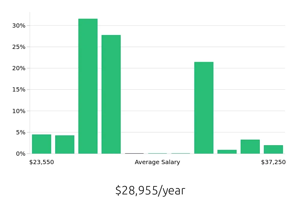 Graph depicting the yearly salary distribution for Sandwich Artist jobs in Washington, DC, showing an average salary of $28,955 with varying distribution percentages across salary ranges.