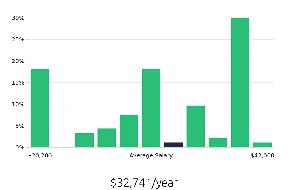 Graph depicting the yearly salary distribution for Security Guard jobs in Auburn Hills, MI, showing an average salary of $32,741 with varying distribution percentages across salary ranges.