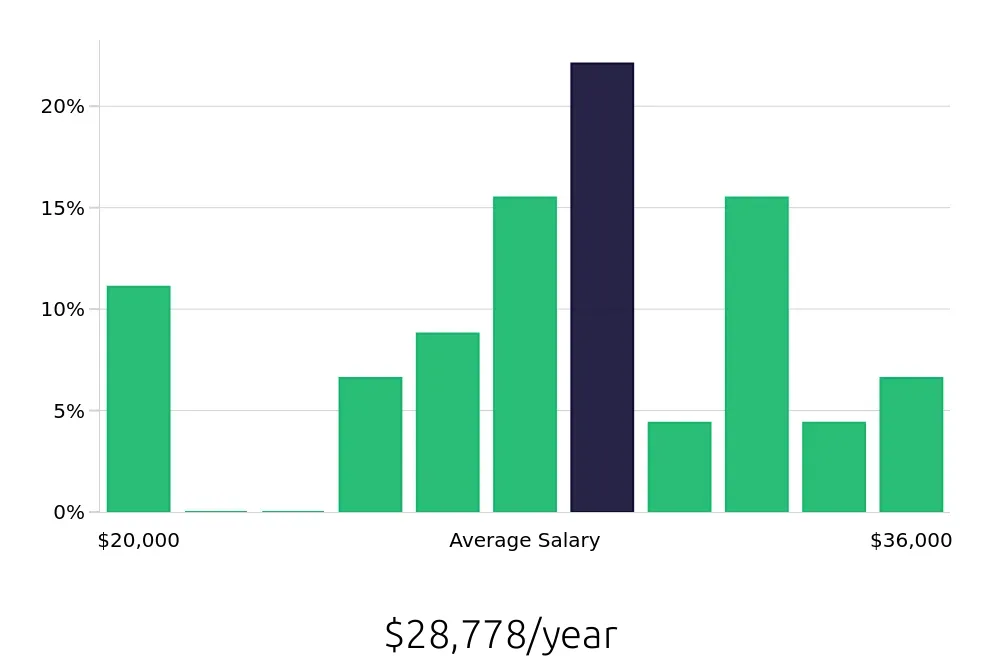 Graph depicting the yearly salary distribution for Security Guard jobs in Baytown, TX, showing an average salary of $28,778 with varying distribution percentages across salary ranges.