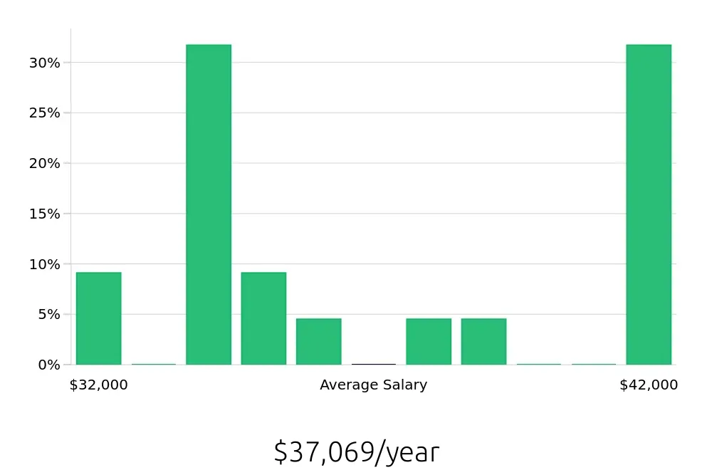Graph depicting the yearly salary distribution for Security Guard jobs in Belleville, IL, showing an average salary of $37,069 with varying distribution percentages across salary ranges.