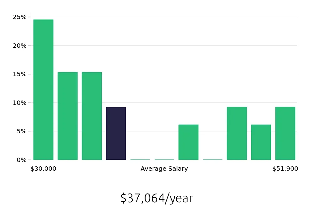 Graph depicting the yearly salary distribution for Security Guard jobs in Binghamton, NY, showing an average salary of $37,064 with varying distribution percentages across salary ranges.