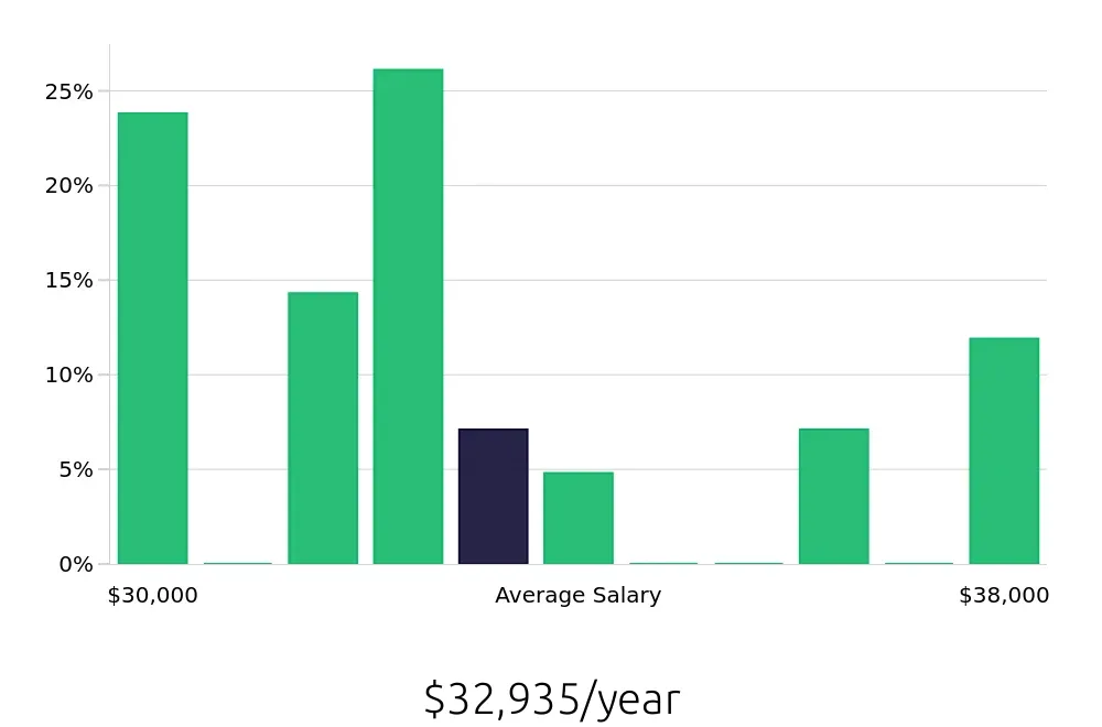 Graph depicting the yearly salary distribution for Security Guard jobs in Chesterfield, VA, showing an average salary of $32,935 with varying distribution percentages across salary ranges.