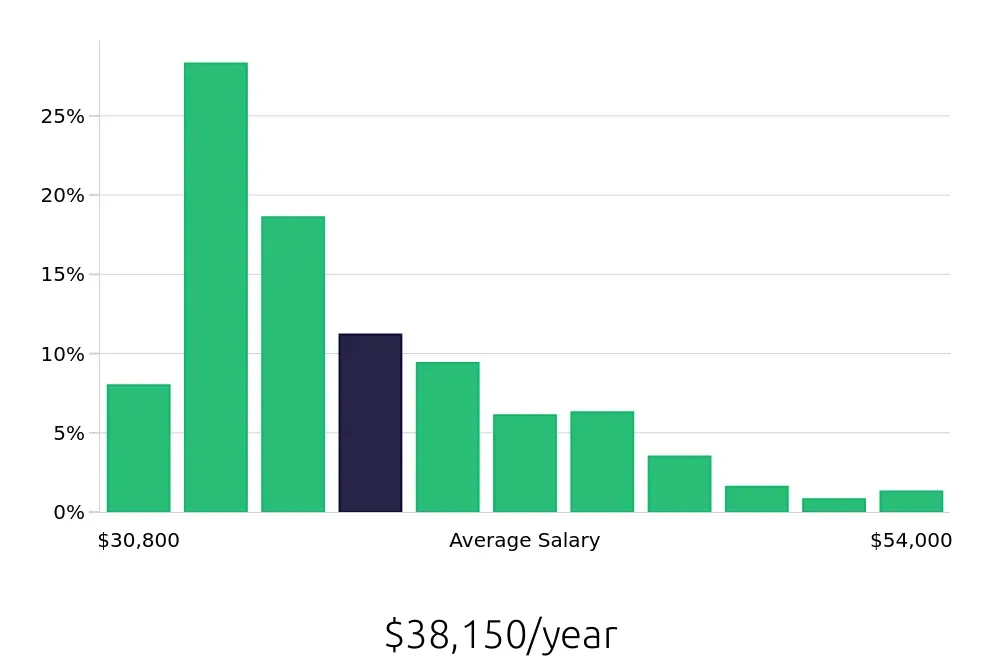 Graph depicting the yearly salary distribution for Security Guard jobs in Chicago, IL, showing an average salary of $38,150 with varying distribution percentages across salary ranges.