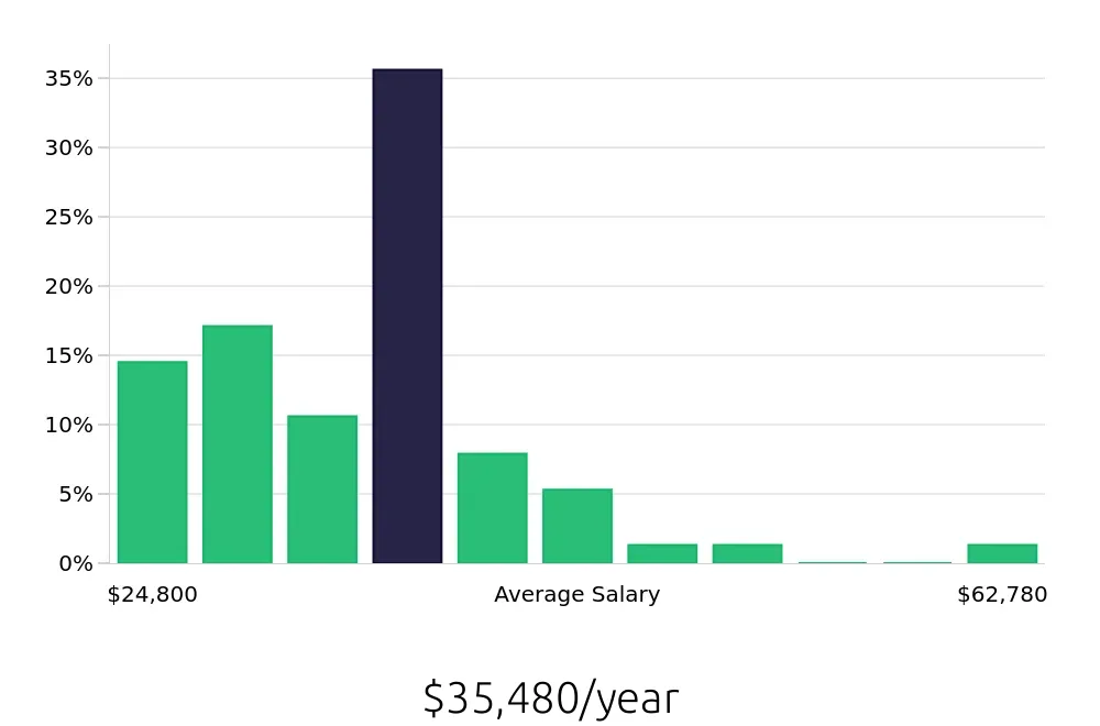 Graph depicting the yearly salary distribution for Security Guard jobs in Dallas-Fort Worth, TX, showing an average salary of $35,480 with varying distribution percentages across salary ranges.