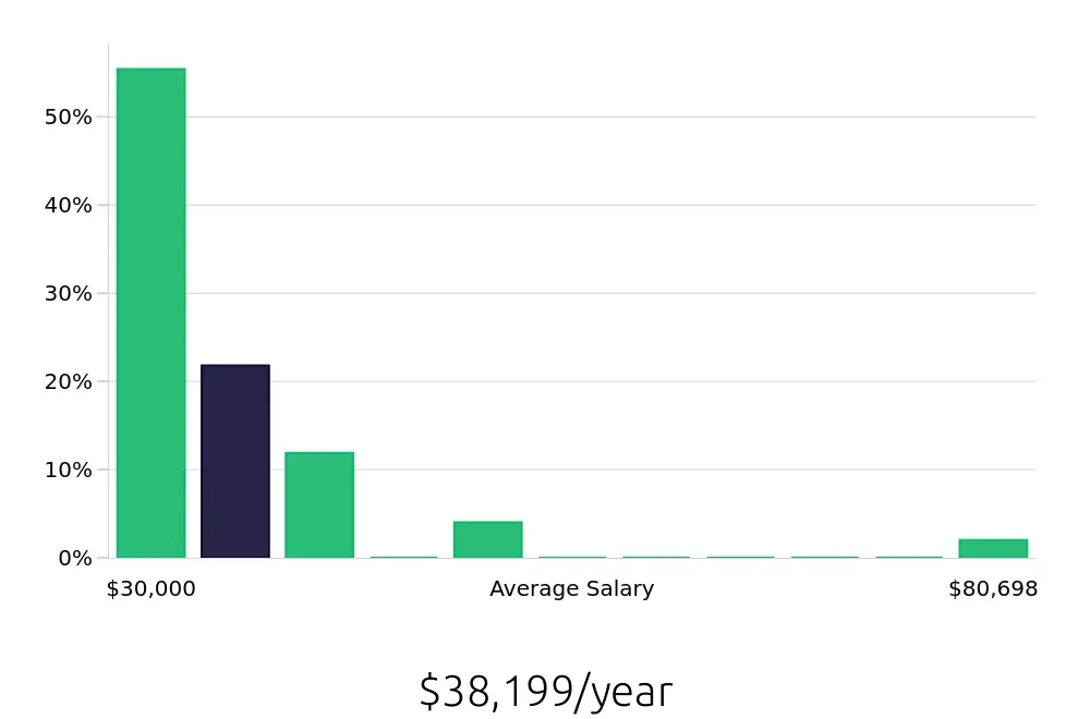 Graph depicting the yearly salary distribution for Security Guard jobs in Fredericksburg, VA, showing an average salary of $38,199 with varying distribution percentages across salary ranges.
