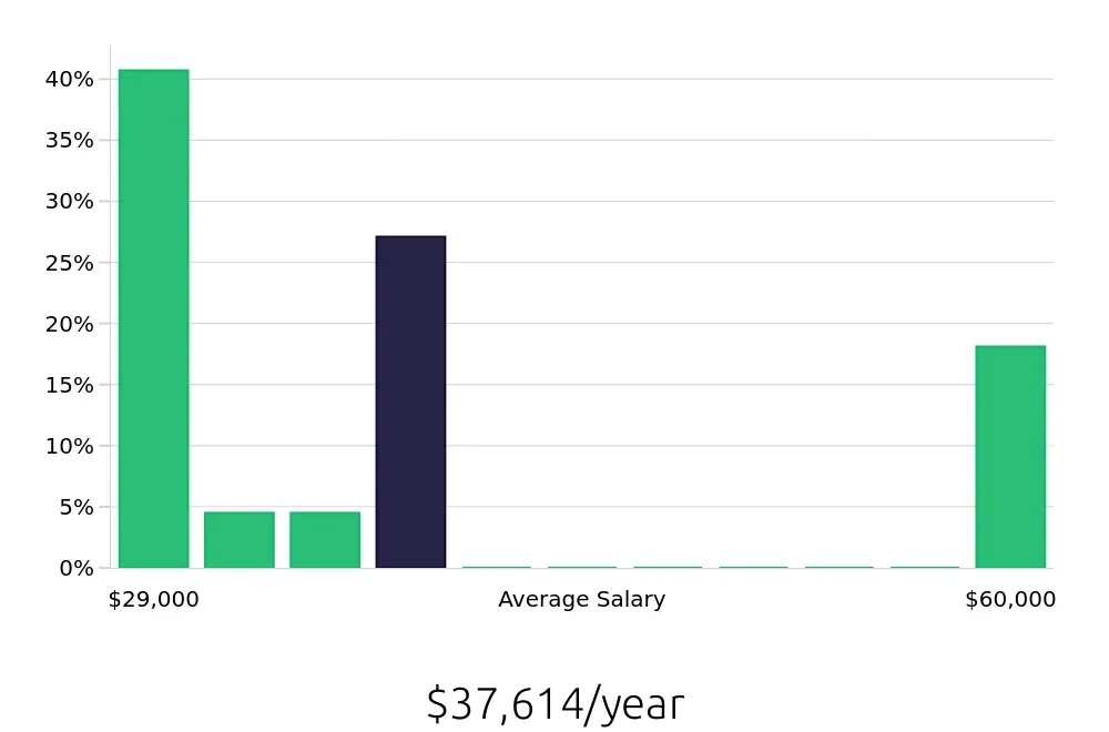 Graph depicting the yearly salary distribution for Security Guard jobs in Hickory, NC, showing an average salary of $37,614 with varying distribution percentages across salary ranges.