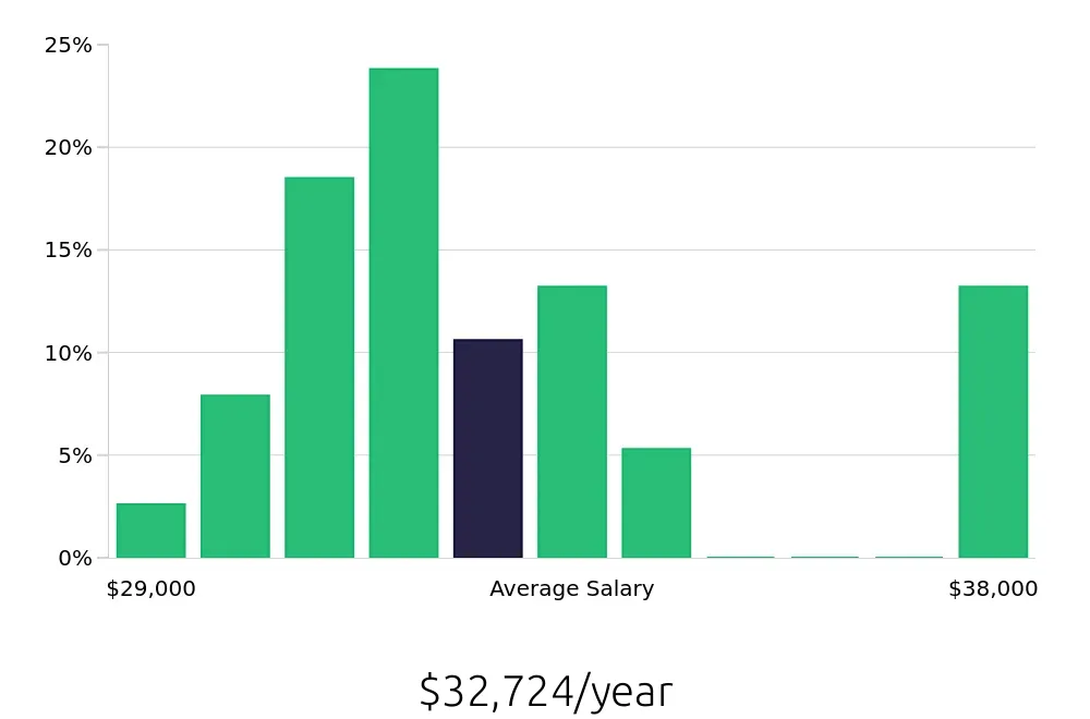 Graph depicting the yearly salary distribution for Security Guard jobs in High Point, NC, showing an average salary of $32,724 with varying distribution percentages across salary ranges.