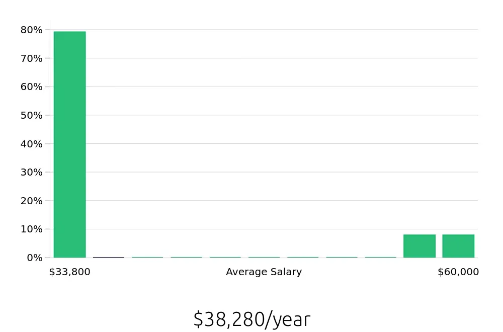 Graph depicting the yearly salary distribution for Security Guard jobs in Lake Havasu City, AZ, showing an average salary of $38,280 with varying distribution percentages across salary ranges.