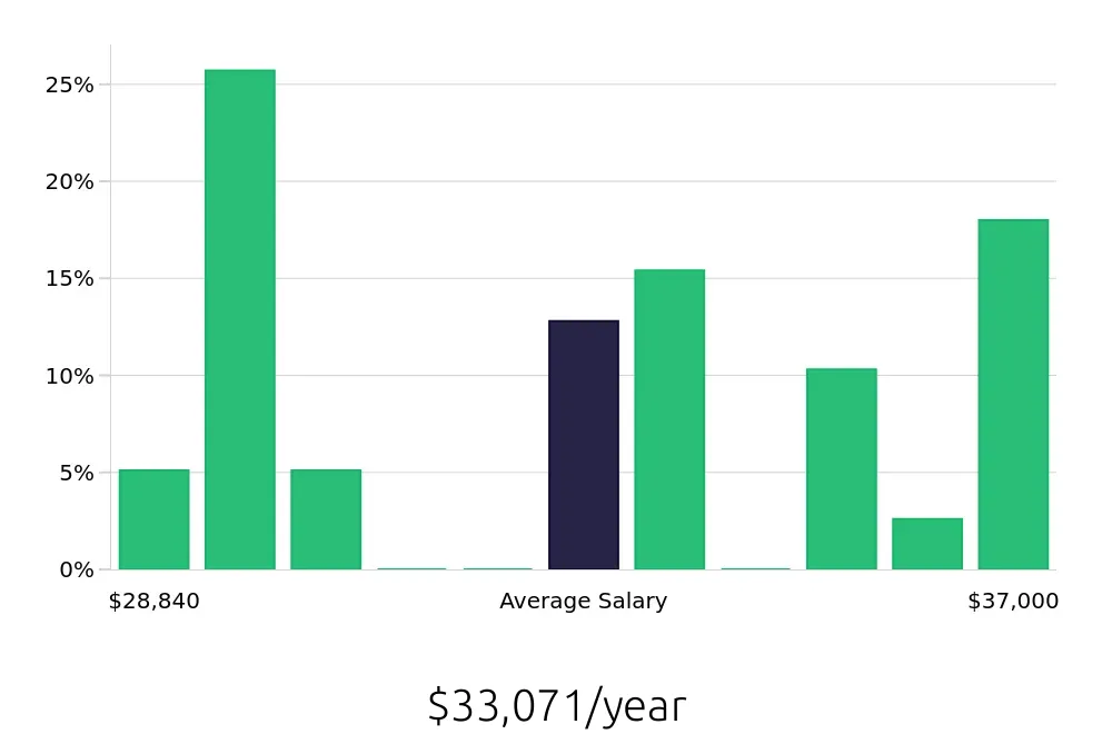 Graph depicting the yearly salary distribution for Security Guard jobs in Livonia, MI, showing an average salary of $33,071 with varying distribution percentages across salary ranges.