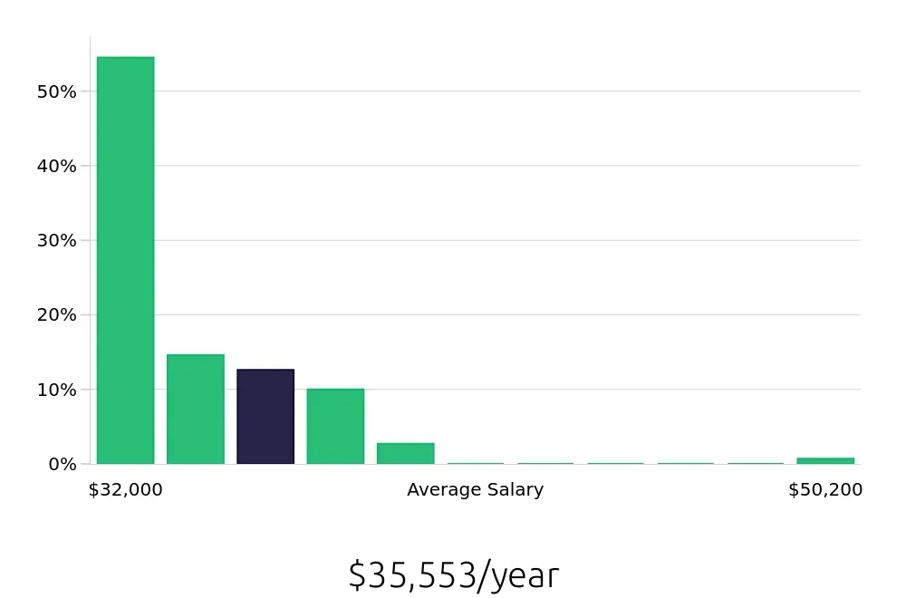Graph depicting the yearly salary distribution for Security Guard jobs in Long Island City, NY, showing an average salary of $35,553 with varying distribution percentages across salary ranges.