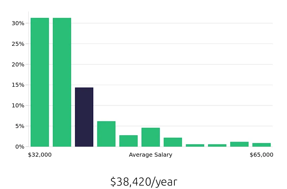 Graph depicting the yearly salary distribution for Security Guard jobs in Manhattan, NY, showing an average salary of $38,420 with varying distribution percentages across salary ranges.