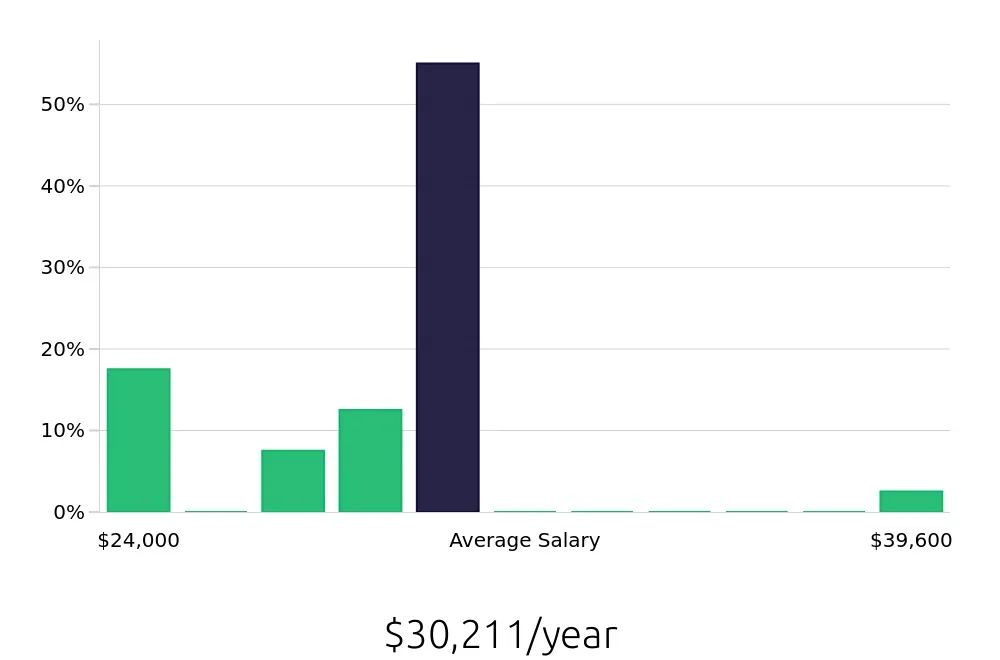 Graph depicting the yearly salary distribution for Security Guard jobs in Mansfield, OH, showing an average salary of $30,211 with varying distribution percentages across salary ranges.