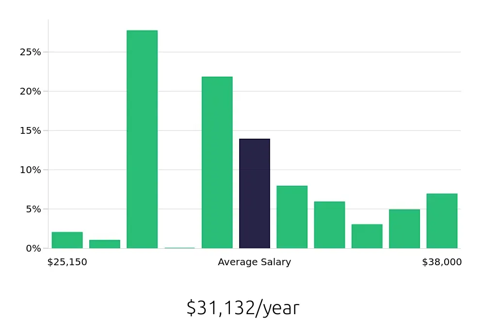 Graph depicting the yearly salary distribution for Security Guard jobs in Marietta, GA, showing an average salary of $31,132 with varying distribution percentages across salary ranges.