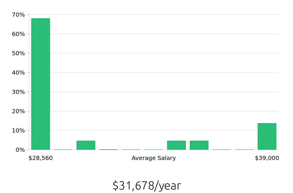 Graph depicting the yearly salary distribution for Security Guard jobs in Marietta, OH, showing an average salary of $31,678 with varying distribution percentages across salary ranges.