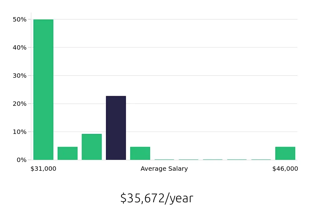 Graph depicting the yearly salary distribution for Security Guard jobs in Marysville, OH, showing an average salary of $35,672 with varying distribution percentages across salary ranges.