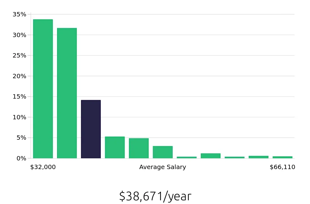 Graph depicting the yearly salary distribution for Security Guard jobs in New York, NY, showing an average salary of $38,671 with varying distribution percentages across salary ranges.