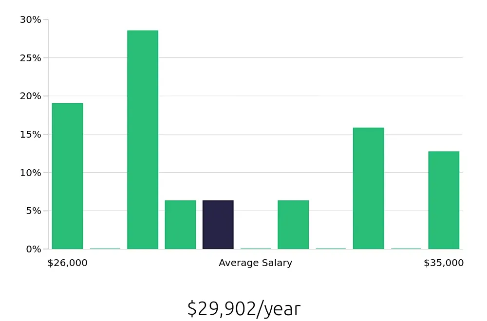 Graph depicting the yearly salary distribution for Security Guard jobs in Newnan, GA, showing an average salary of $29,902 with varying distribution percentages across salary ranges.
