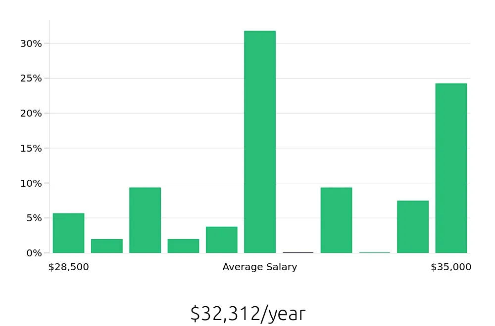 Graph depicting the yearly salary distribution for Security Guard jobs in Owensboro, KY, showing an average salary of $32,312 with varying distribution percentages across salary ranges.