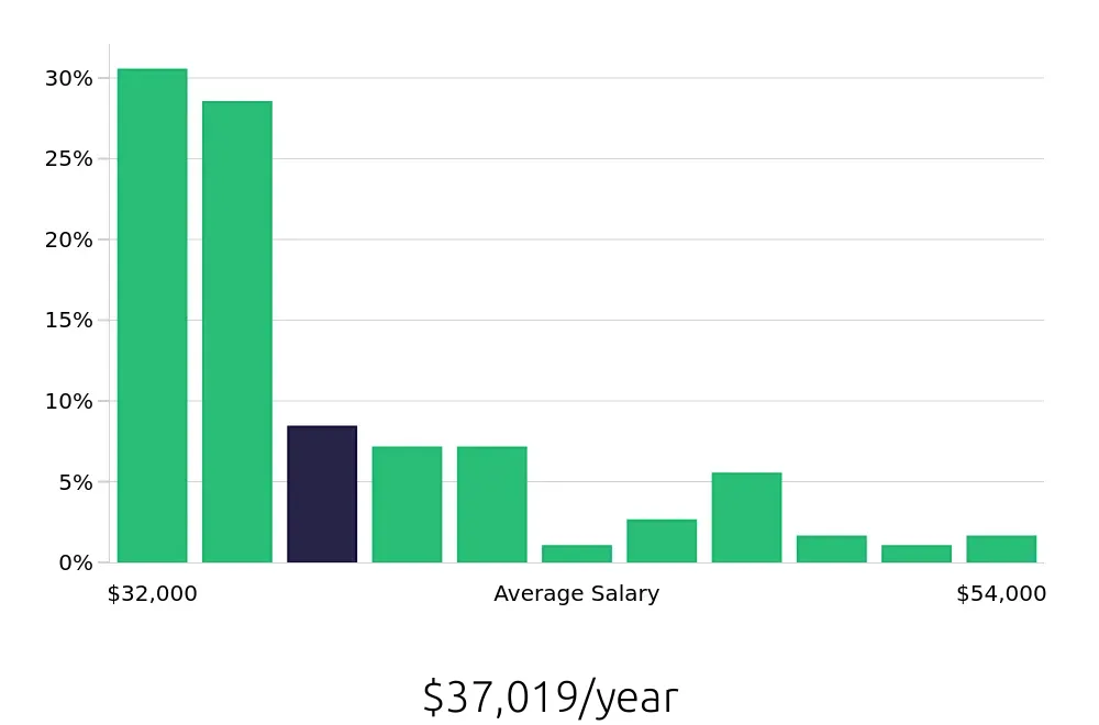 Graph depicting the yearly salary distribution for Security Guard jobs in Queens, NY, showing an average salary of $37,019 with varying distribution percentages across salary ranges.