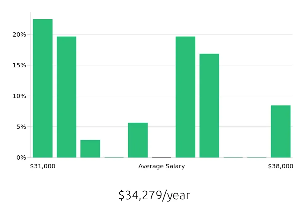 Graph depicting the yearly salary distribution for Security Guard jobs in Rincon, GA, showing an average salary of $34,279 with varying distribution percentages across salary ranges.