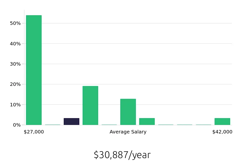 Graph depicting the yearly salary distribution for Security Guard jobs in Roswell, GA, showing an average salary of $30,887 with varying distribution percentages across salary ranges.