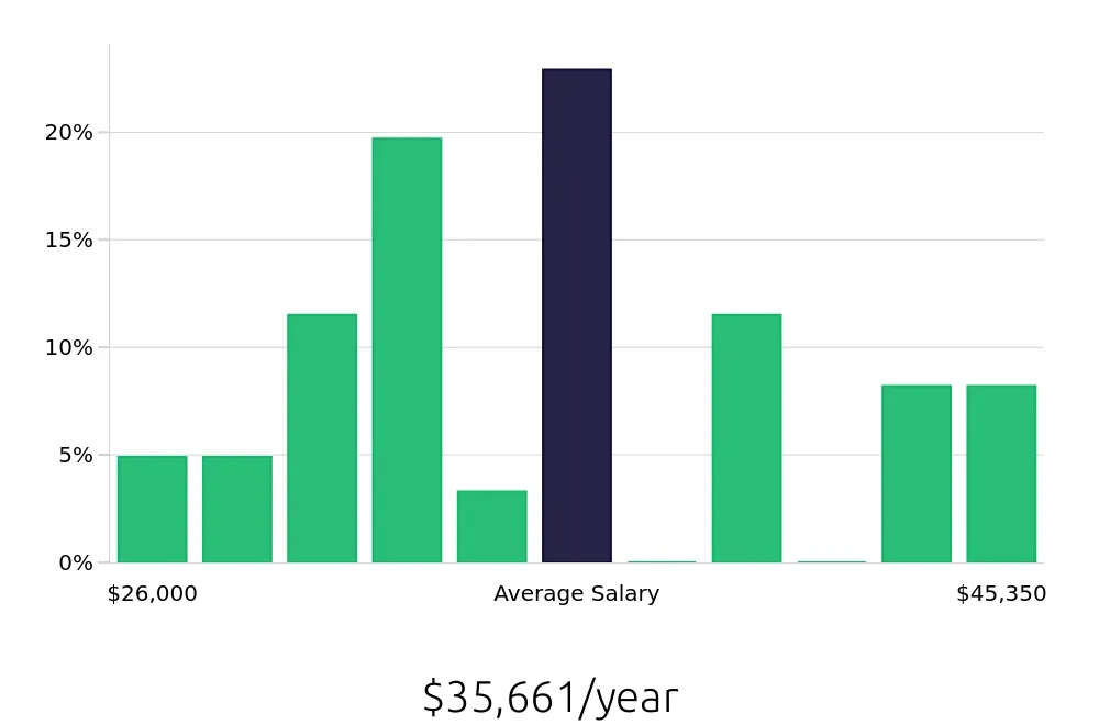 Graph depicting the yearly salary distribution for Security Guard jobs in Salem, VA, showing an average salary of $35,661 with varying distribution percentages across salary ranges.