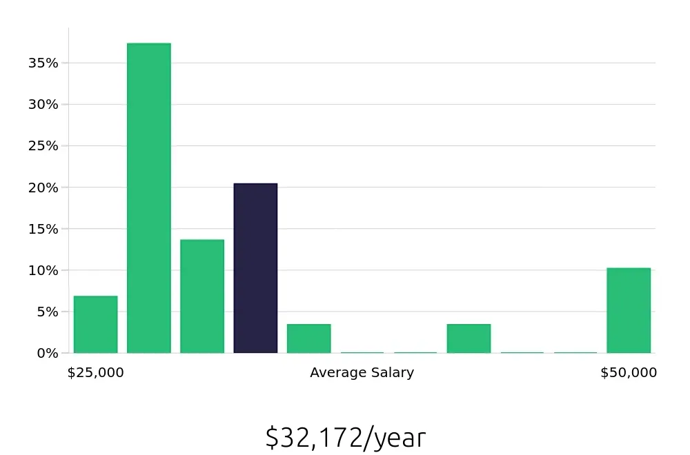 Graph depicting the yearly salary distribution for Security Guard jobs in Valdosta, GA, showing an average salary of $32,172 with varying distribution percentages across salary ranges.