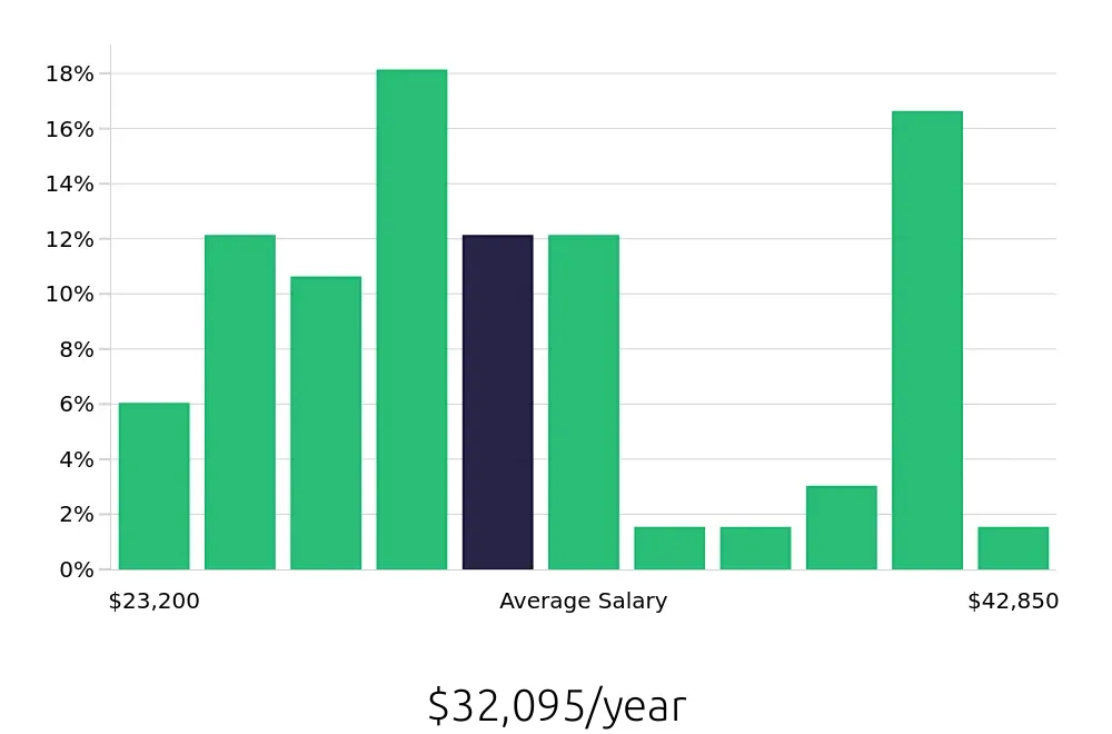 Graph depicting the yearly salary distribution for Server jobs in Aberdeen, SD, showing an average salary of $32,095 with varying distribution percentages across salary ranges.