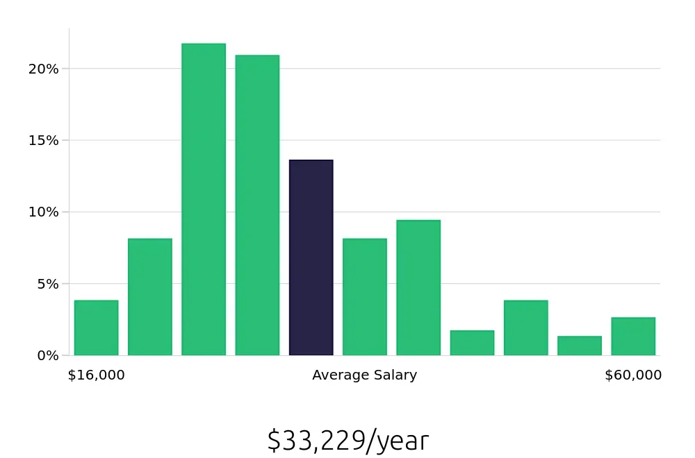 Graph depicting the yearly salary distribution for Server jobs in Allentown, PA, showing an average salary of $33,229 with varying distribution percentages across salary ranges.