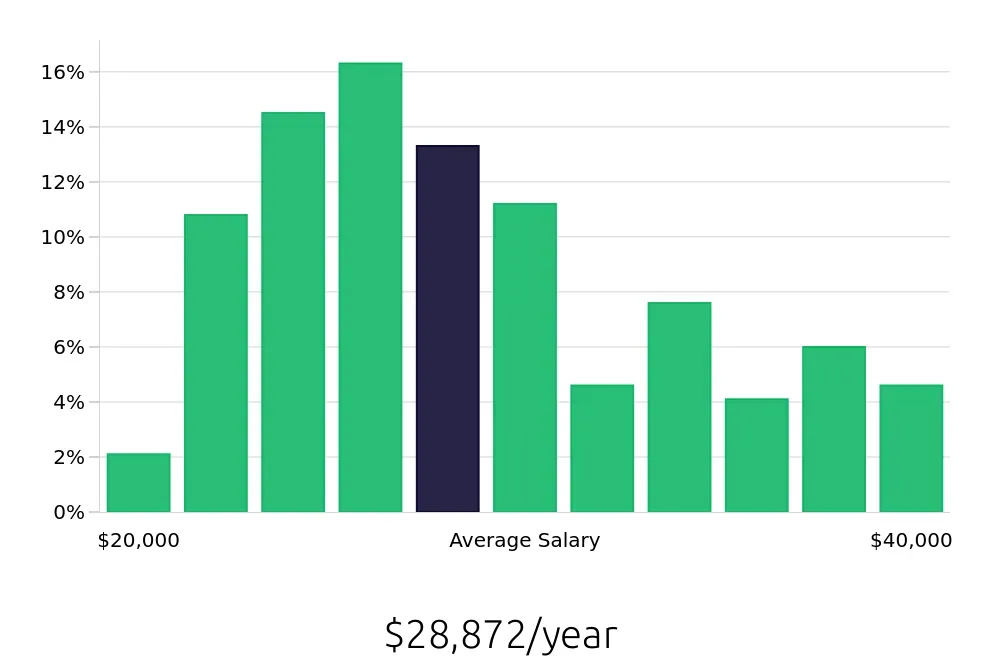 Graph depicting the yearly salary distribution for Server jobs in Amarillo, TX, showing an average salary of $28,872 with varying distribution percentages across salary ranges.