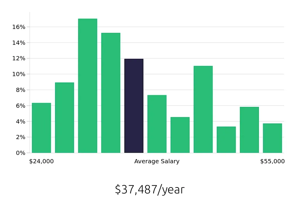 Graph depicting the yearly salary distribution for Server jobs in Ann Arbor, MI, showing an average salary of $37,487 with varying distribution percentages across salary ranges.