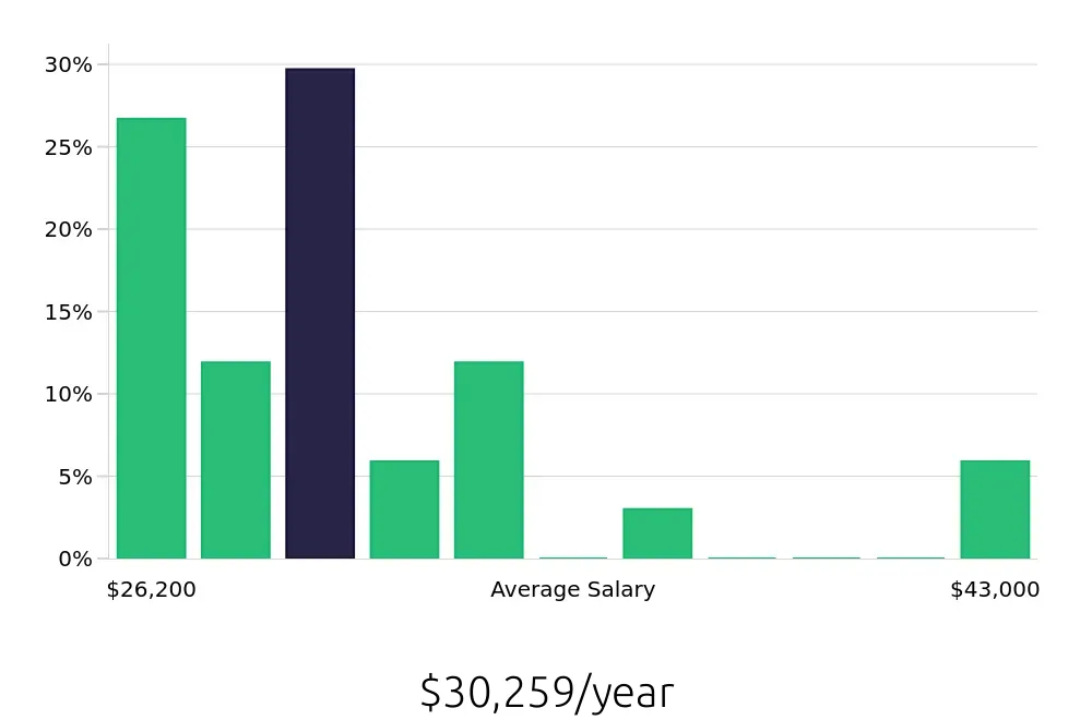 Graph depicting the yearly salary distribution for Server jobs in Apache Junction, AZ, showing an average salary of $30,259 with varying distribution percentages across salary ranges.