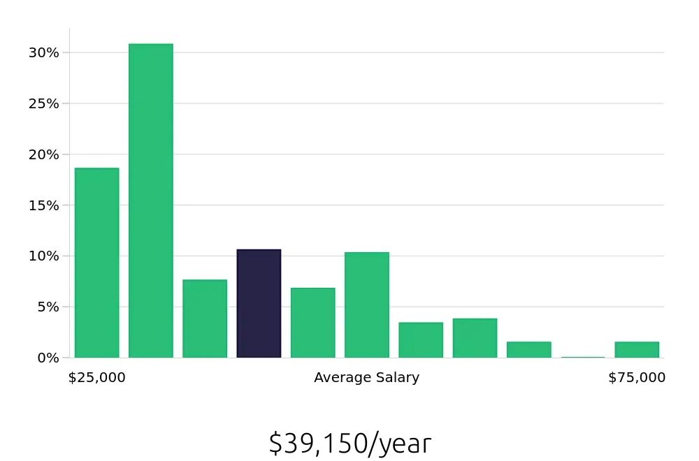 Graph depicting the yearly salary distribution for Server jobs in Ashburn, VA, showing an average salary of $39,150 with varying distribution percentages across salary ranges.