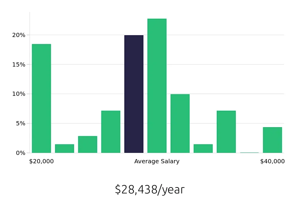 Graph depicting the yearly salary distribution for Server jobs in Asheboro, NC, showing an average salary of $28,438 with varying distribution percentages across salary ranges.