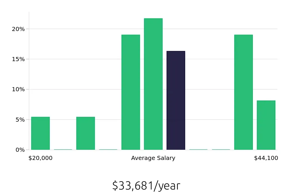 Graph depicting the yearly salary distribution for Server jobs in Astoria, NY, showing an average salary of $33,681 with varying distribution percentages across salary ranges.