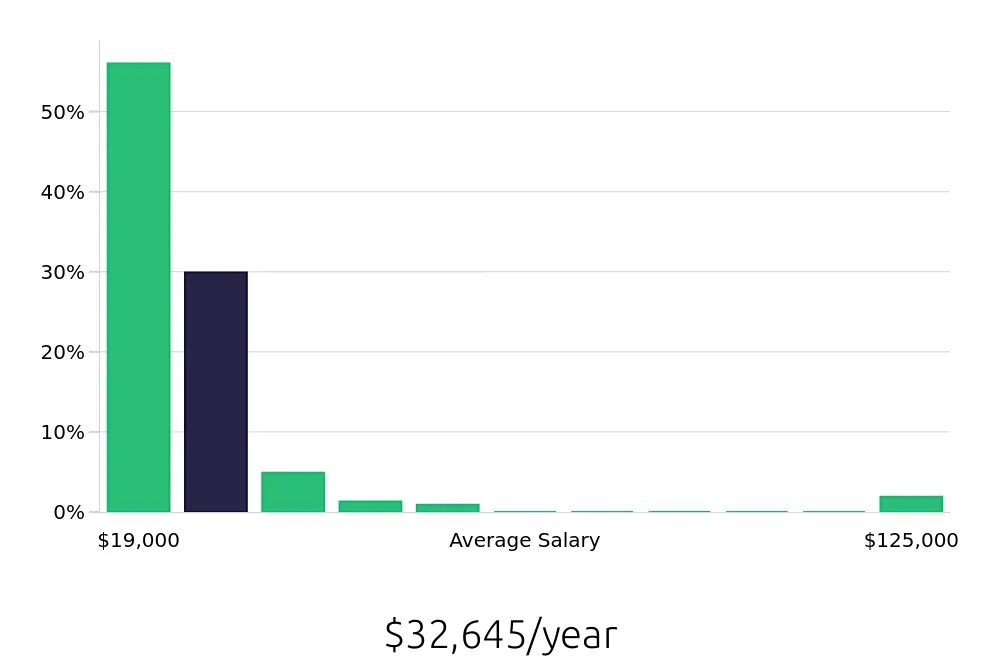 Graph depicting the yearly salary distribution for Server jobs in Baton Rouge, LA, showing an average salary of $32,645 with varying distribution percentages across salary ranges.