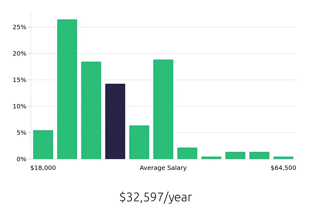Graph depicting the yearly salary distribution for Server jobs in Beaumont, TX, showing an average salary of $32,597 with varying distribution percentages across salary ranges.