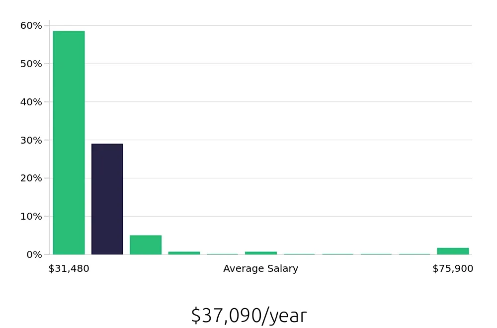 Graph depicting the yearly salary distribution for Server jobs in Bellingham, WA, showing an average salary of $37,090 with varying distribution percentages across salary ranges.