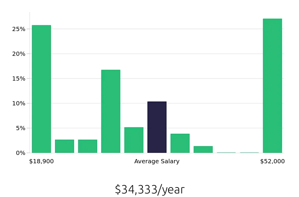 Graph depicting the yearly salary distribution for Server jobs in Binghamton, NY, showing an average salary of $34,333 with varying distribution percentages across salary ranges.