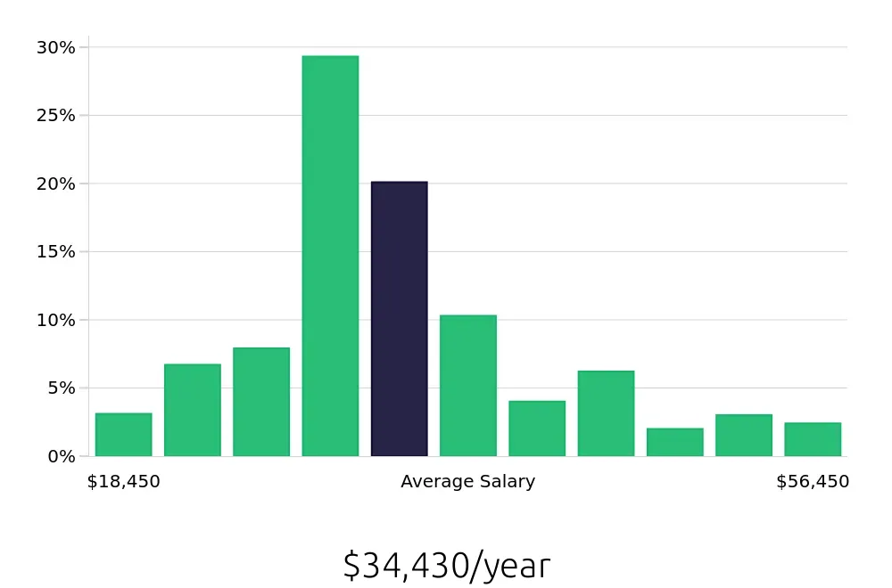 Graph depicting the yearly salary distribution for Server jobs in Boise, ID, showing an average salary of $34,430 with varying distribution percentages across salary ranges.