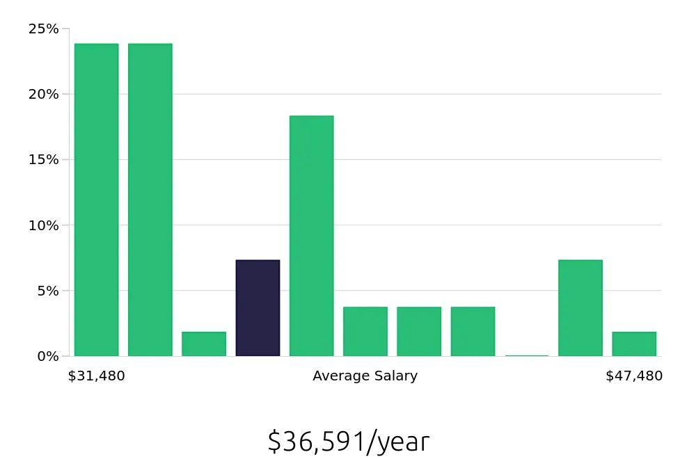 Graph depicting the yearly salary distribution for Server jobs in Bremerton, WA, showing an average salary of $36,591 with varying distribution percentages across salary ranges.