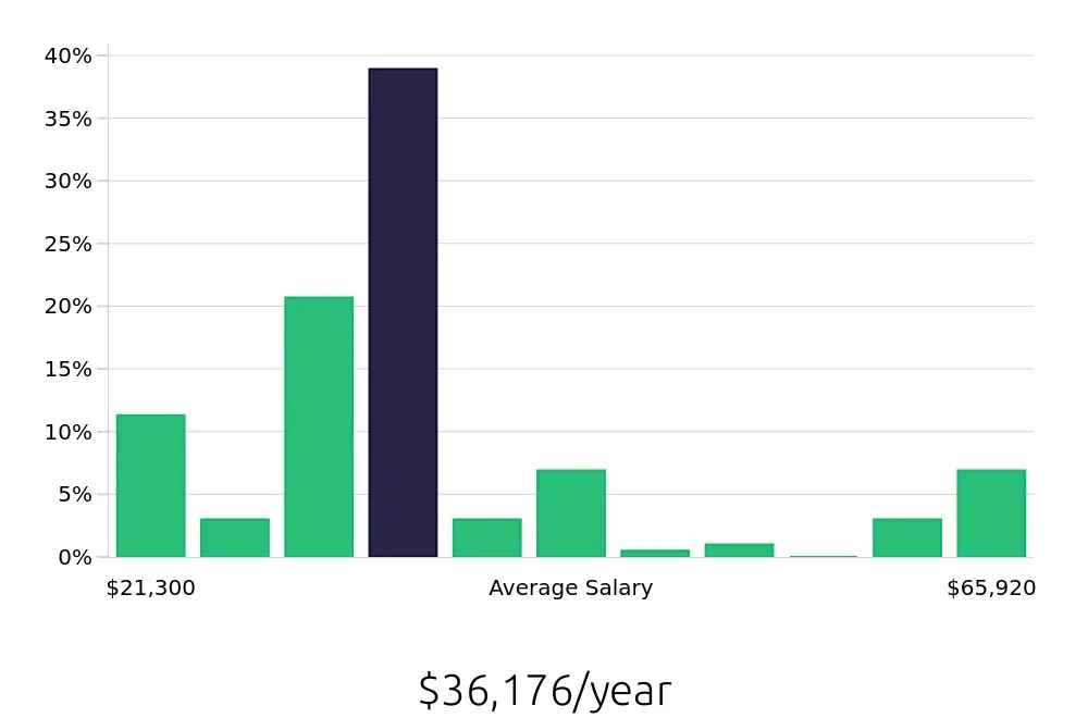 Graph depicting the yearly salary distribution for Server jobs in Bronx, NY, showing an average salary of $36,176 with varying distribution percentages across salary ranges.