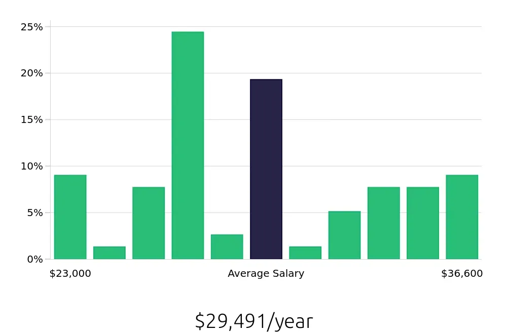 Graph depicting the yearly salary distribution for Server jobs in Brownwood, TX, showing an average salary of $29,491 with varying distribution percentages across salary ranges.