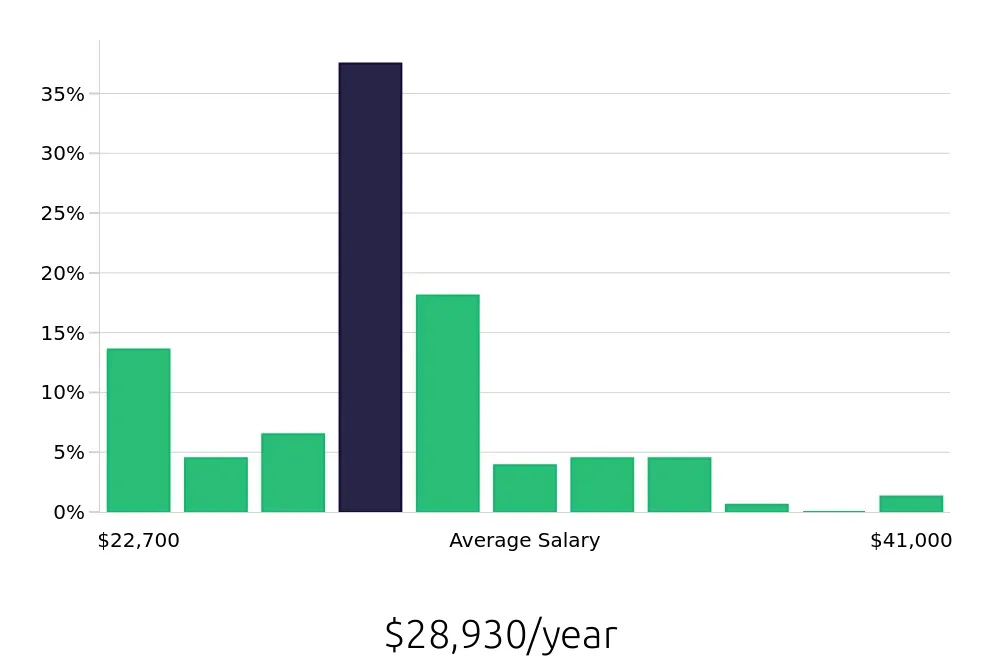 Graph depicting the yearly salary distribution for Server jobs in Buckeye, AZ, showing an average salary of $28,930 with varying distribution percentages across salary ranges.