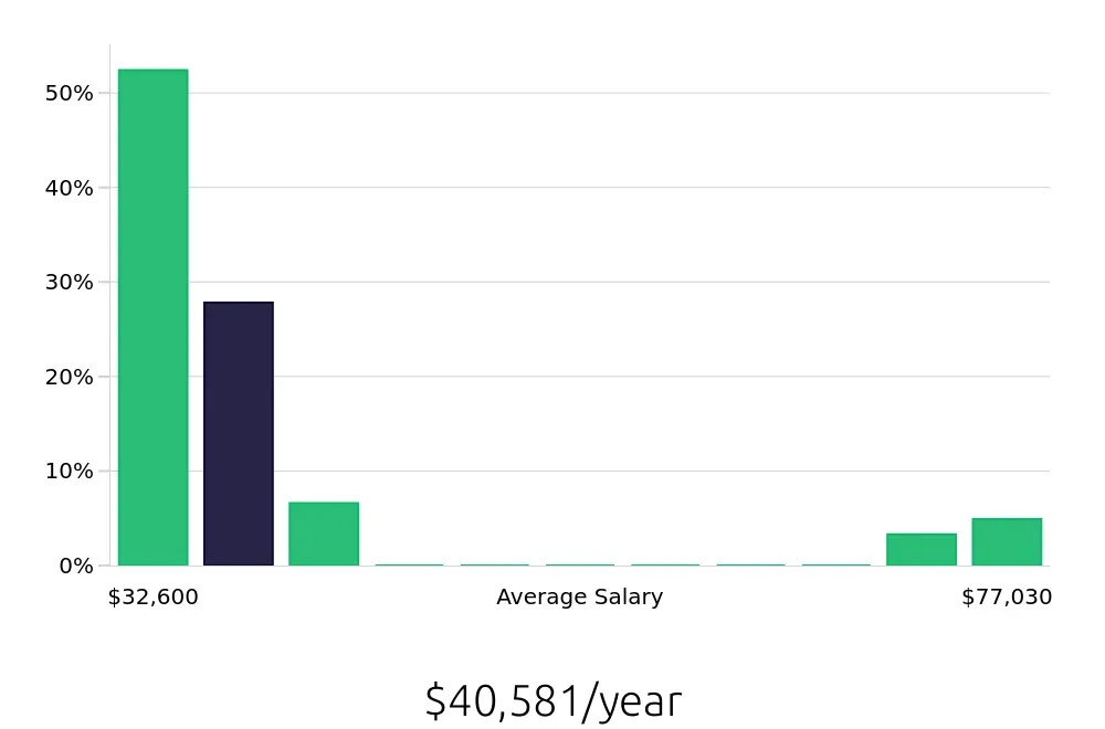 Graph depicting the yearly salary distribution for Server jobs in Burlingame, CA, showing an average salary of $40,581 with varying distribution percentages across salary ranges.